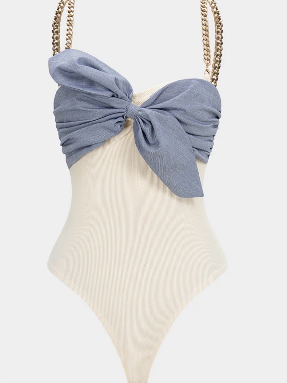 Tie-Front Cream Bodysuit with Chambray Blue Bow